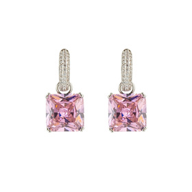 Серебристые серьги с квадратным розовым кристаллом и паве