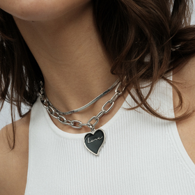 Серебристая двойная цепь с черным сердцем Love