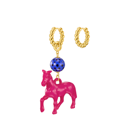 Fuchsia Horse. Золотистые серьги с ярко-розовой лошадкой и синей бусиной Мурано