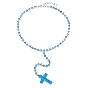 Серебристое колье-галстук с голубыми кристаллами в виде креста
