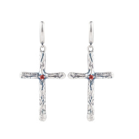 Серебристые серьги-кресты с красным кристаллом