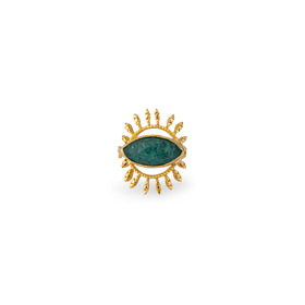 Золотистое кольцо с овальным тёмно-зеленым камнем и ресничками