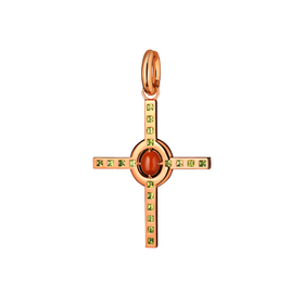 Позолоченная моносерьга-крест из серебра с сердоликом и хризолитами