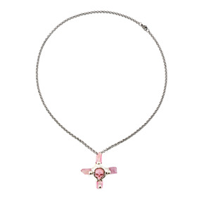 Розовый кулон-крест с черепом на длинной цепочке
