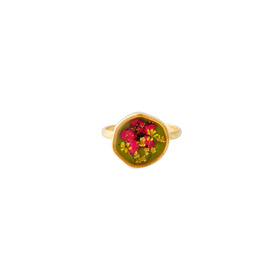 Маленькое золотистое зеленое круглое кольцо с красным цветком