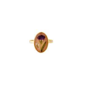 Золотистое овальное розовое кольцо с фиолетовым цветком