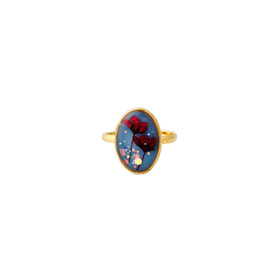 Золотистое овальное голубое кольцо с красными цветками