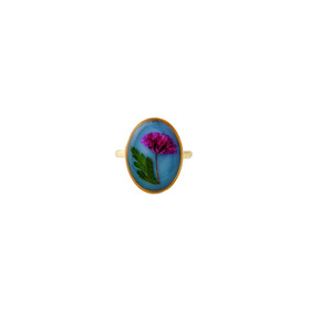 Большое золотистое овальное голубое кольцо с розовым цветком