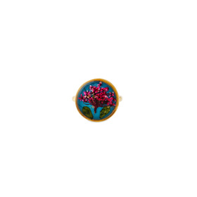 Большое золотистое круглое голубое кольцо с розовыми цветками