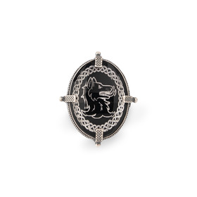Черное кольцо из серебра со вставкой из хрусталя с волком