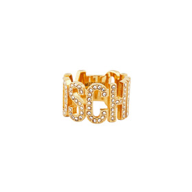 позолоченное кольцо с буквами бренда в кристаллах по всей оси