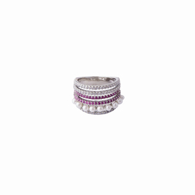Серебристое многоуровневое кольцо из белых и розовых кристаллов и жемчужин