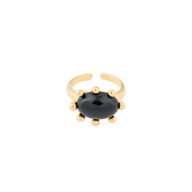 Золотистое открытое кольцо с чёрным кабашоном и круглыми элементами
