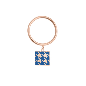 Покрытое розовым золотом подвижное кольцо из серебра с узором "гусиная лапка" из синей и коричневой эмали