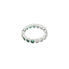 Серебристое кольцо из сердец с белыми и зелеными кристаллами