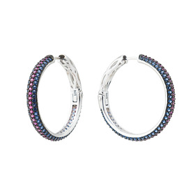 Серебряные серьги-кольца с синими и розовыми кристаллами