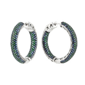 Серебряные серьги-кольца с синими и зелеными кристаллами