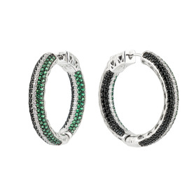 Серебряные серьги-кольца с зелеными, белыми и черными кристаллами