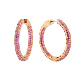 Позолоченные крупные серьги-кольца из серебра с розовыми кристаллами