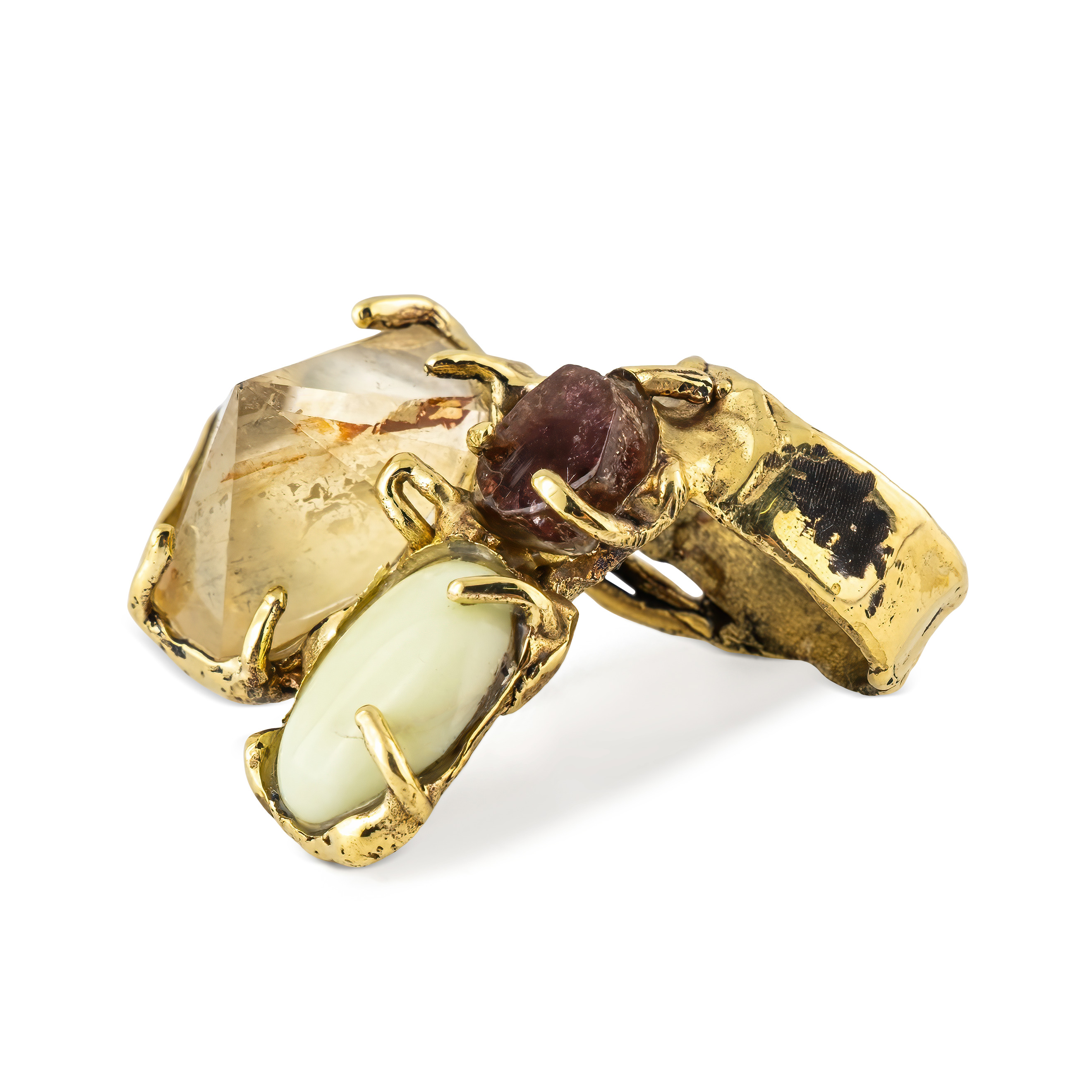Brass ring with inserts: citrine and tourmaline