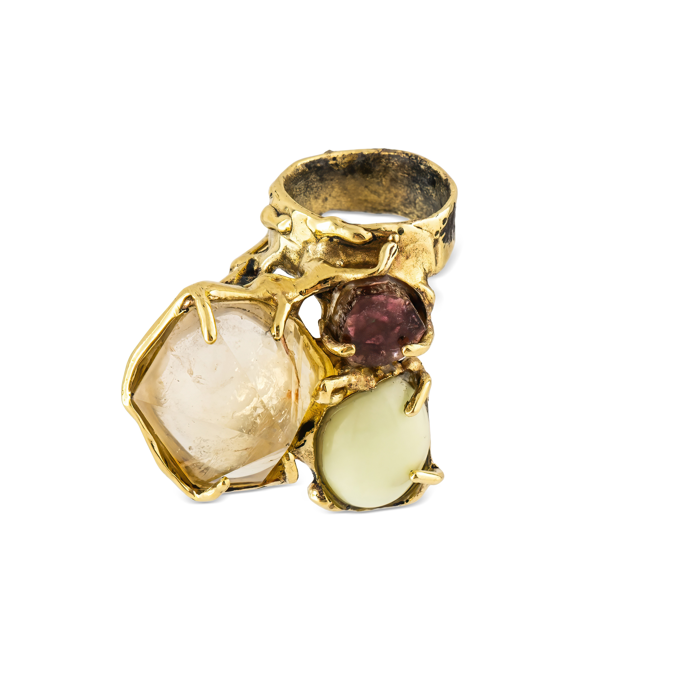 Brass ring with inserts: citrine and tourmaline