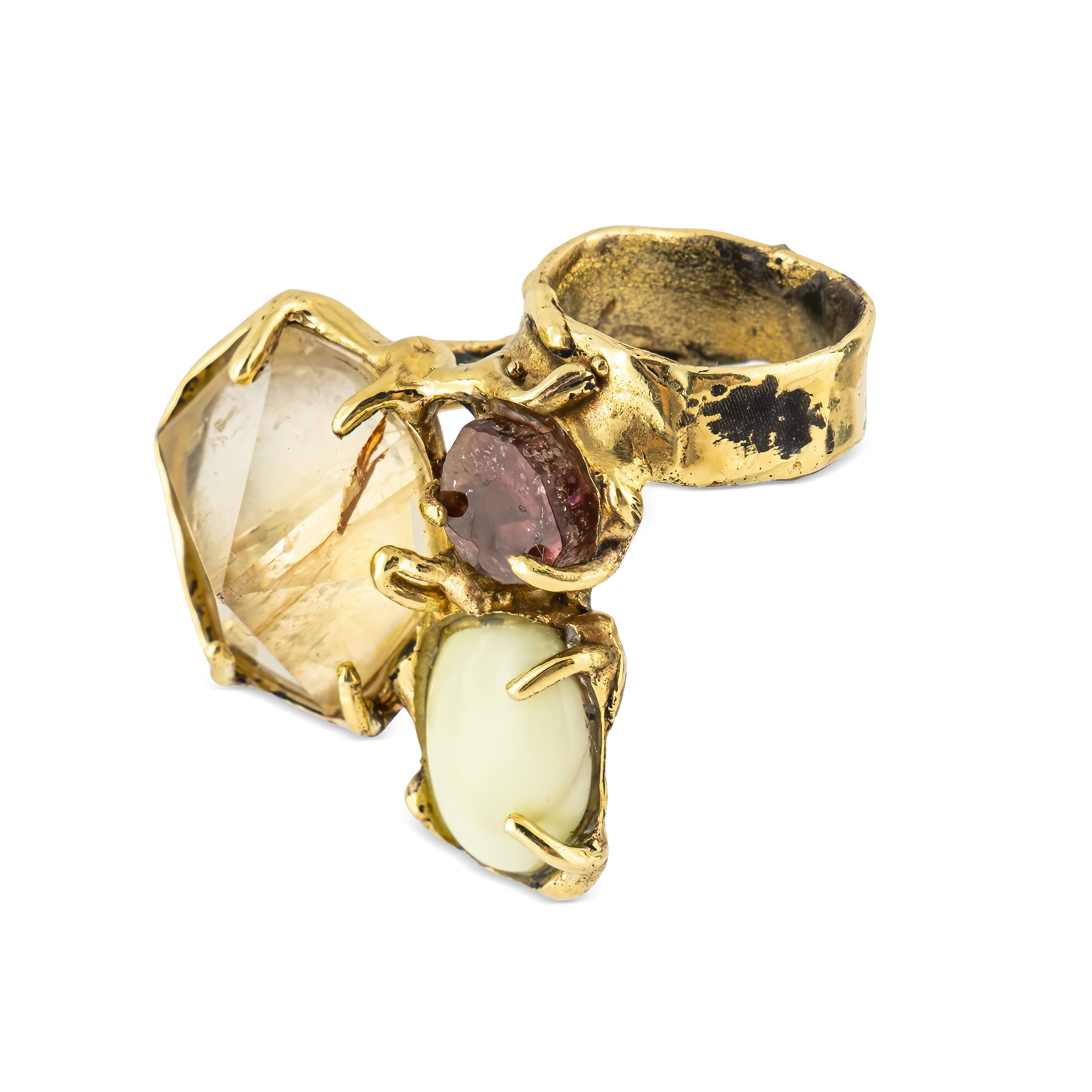 Brass ring with inserts: citrine and tourmaline