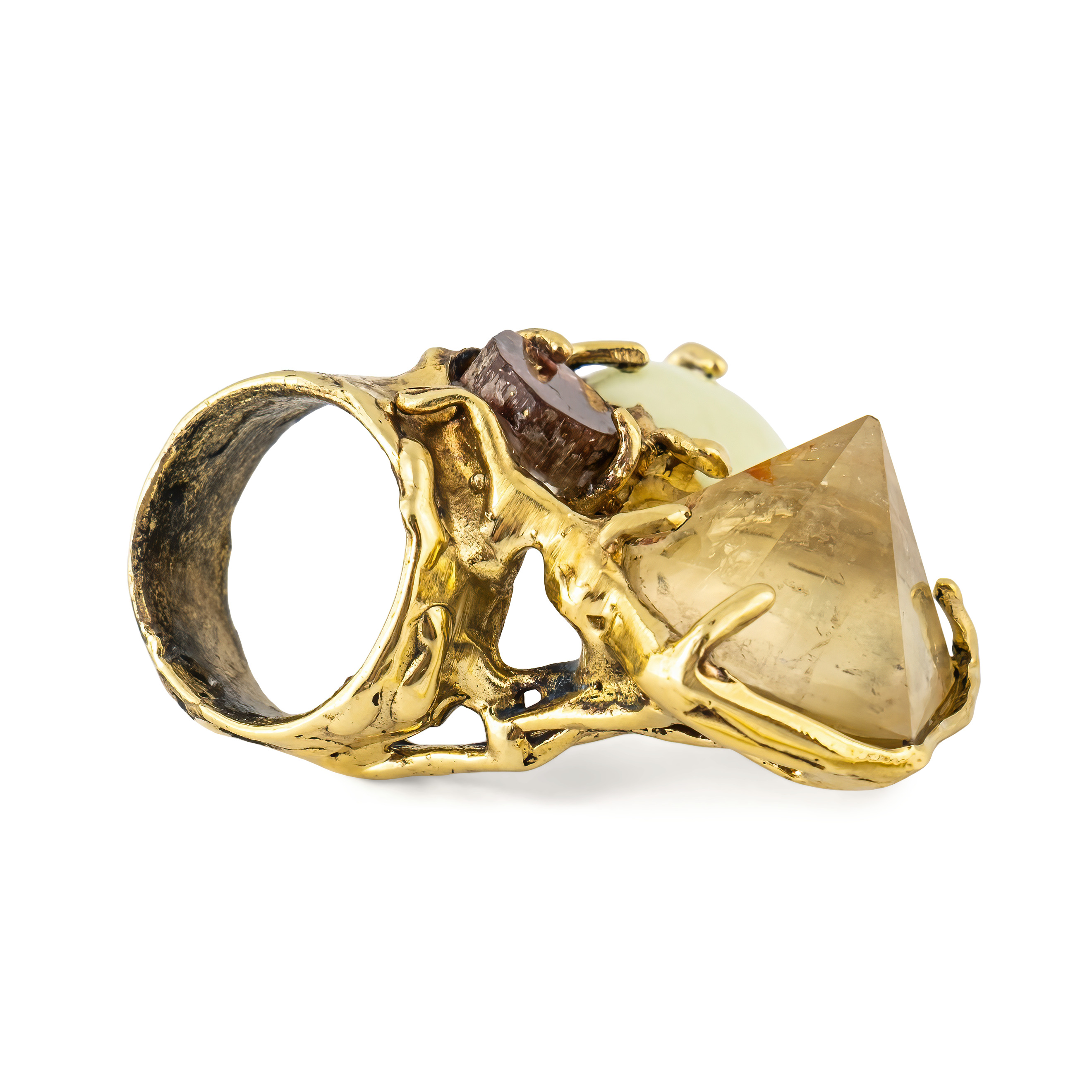 Brass ring with inserts: citrine and tourmaline