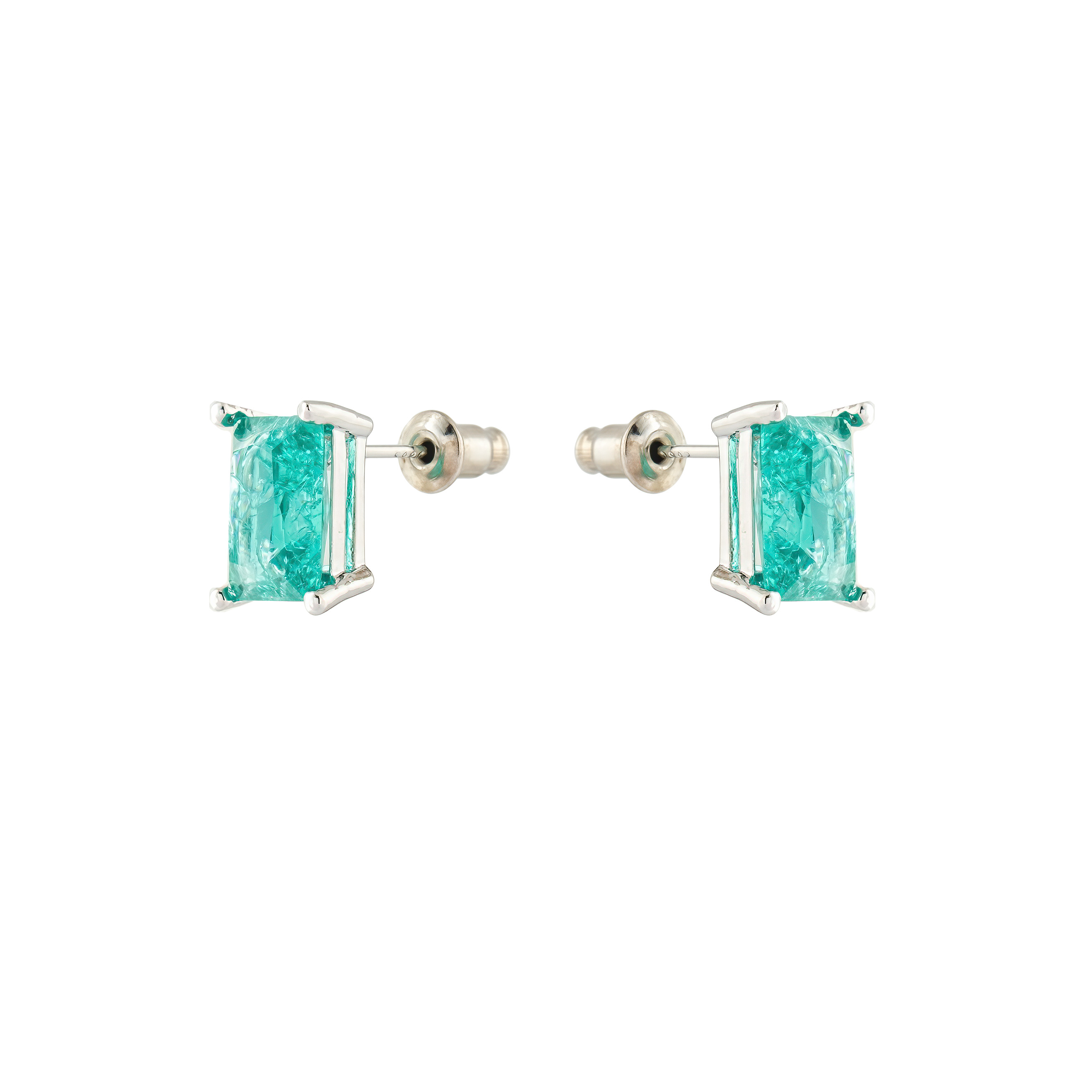 Silver stud earrings with light green crystal