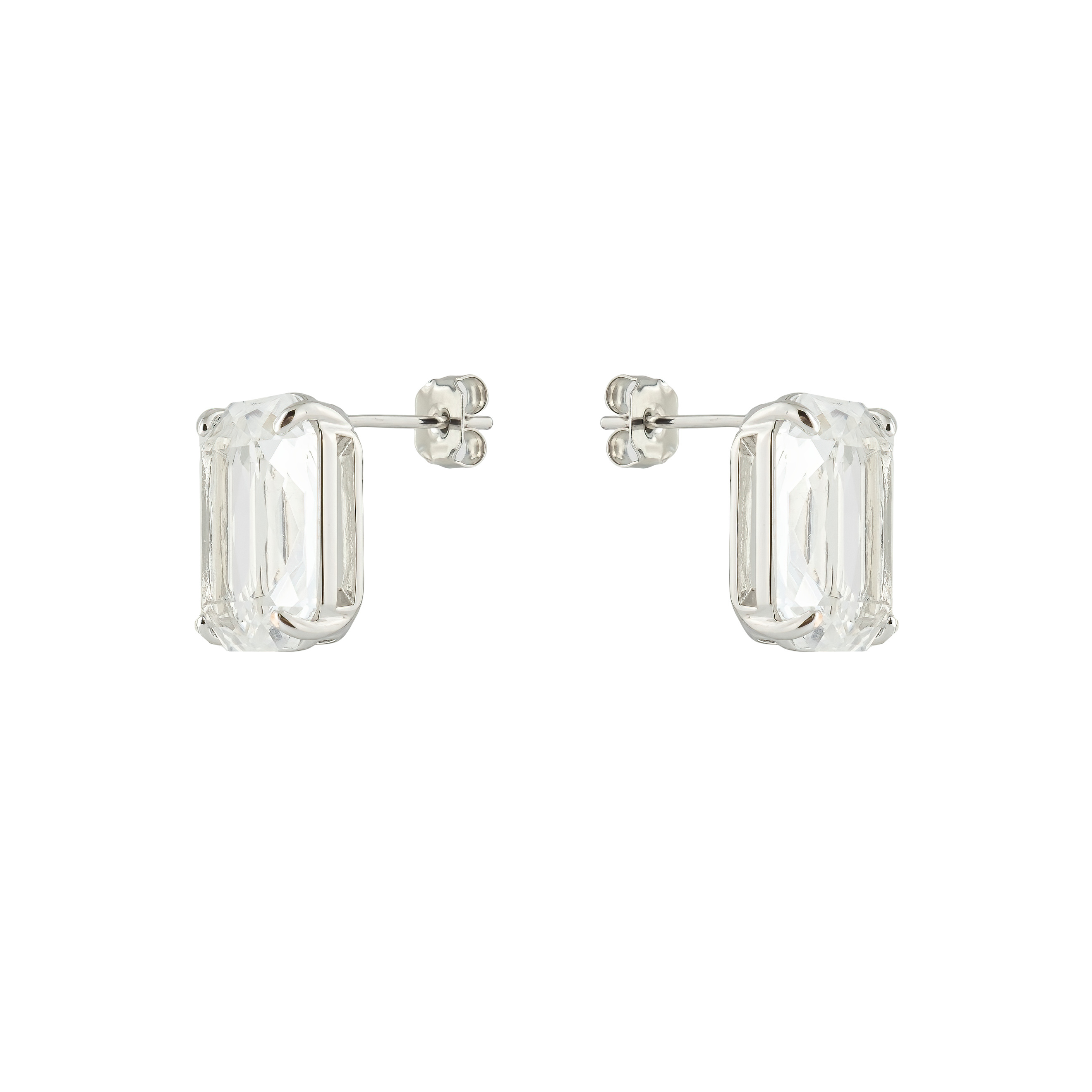 Silver stud earrings with a large white crystal