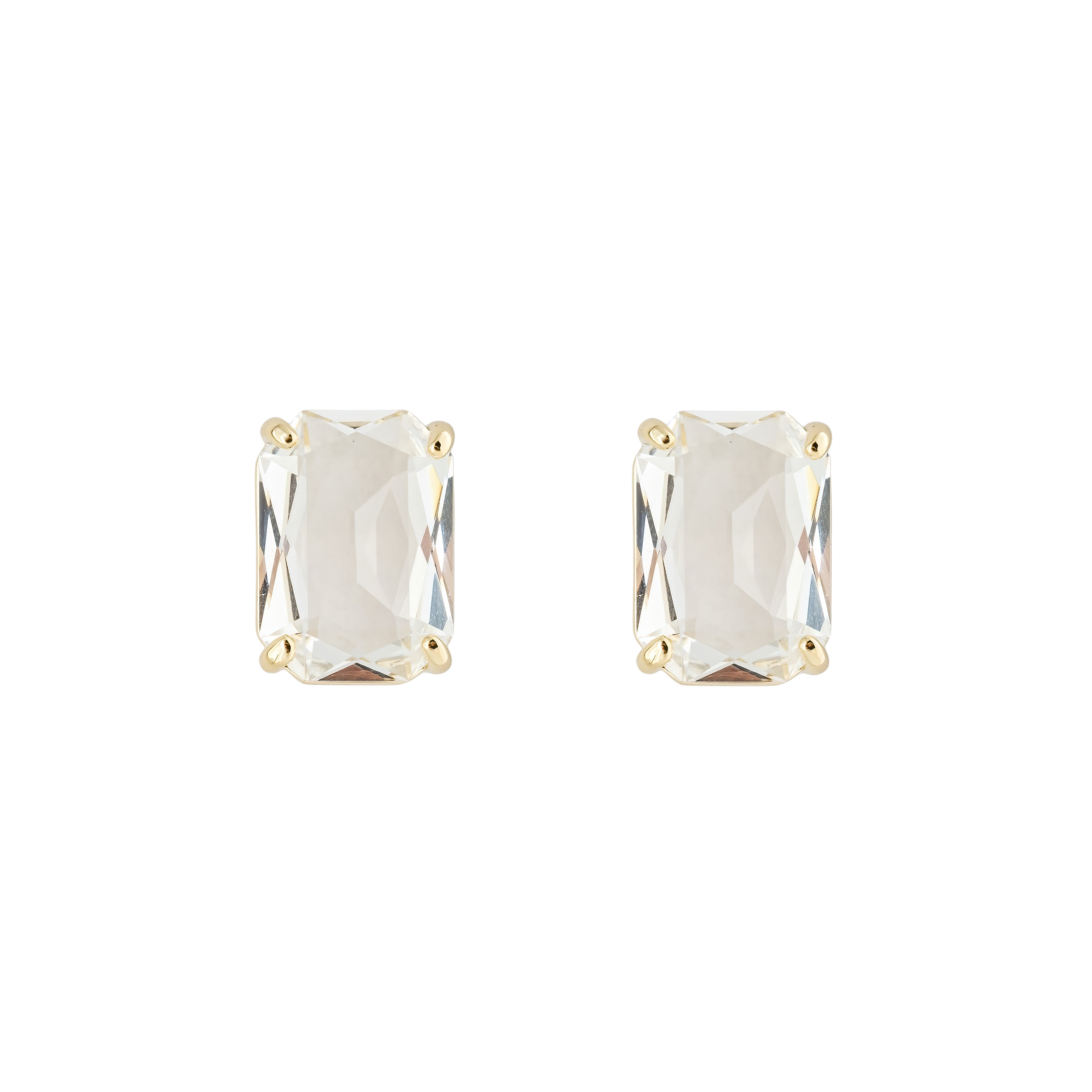 Golden stud earrings with a large white crystal