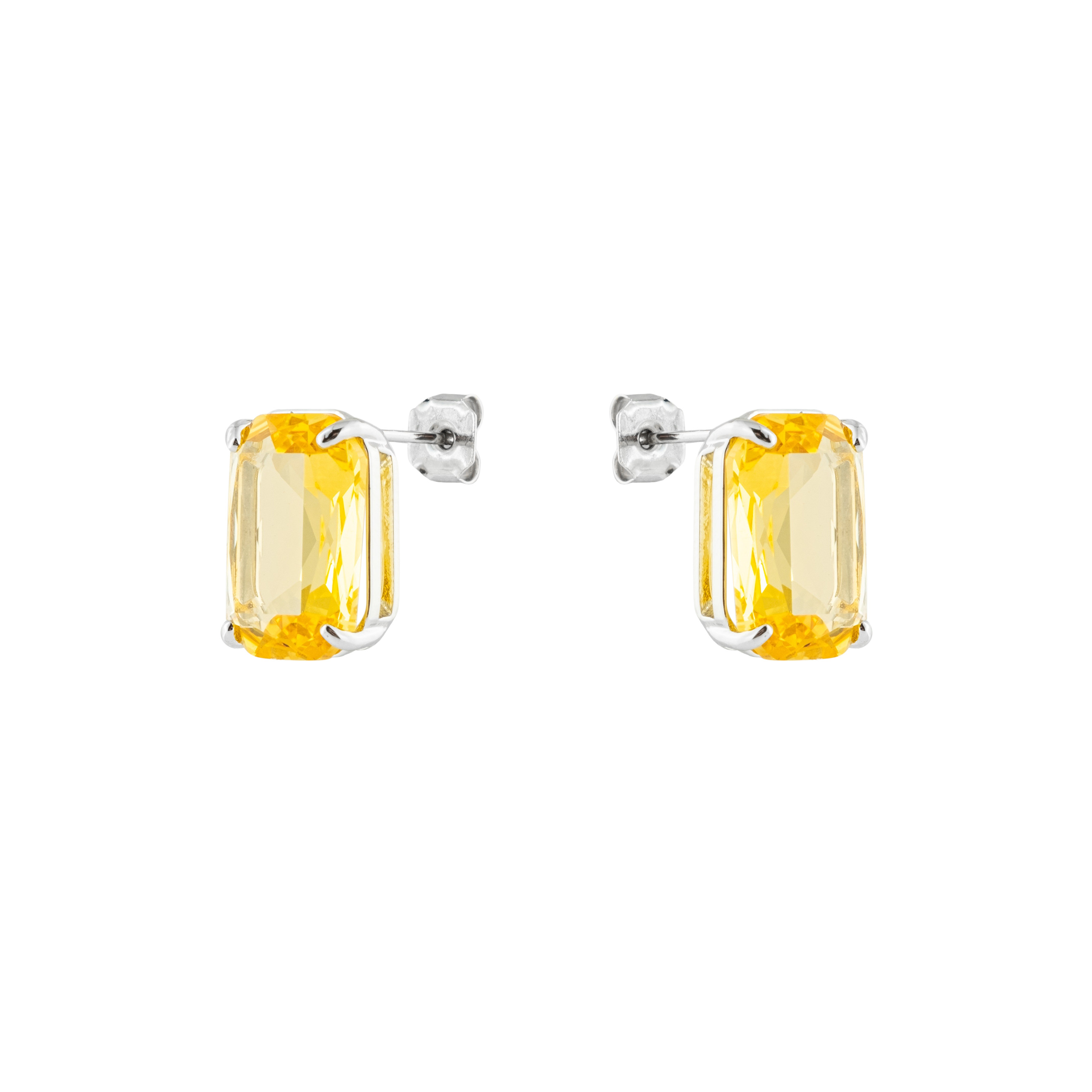 Silver stud earrings with a large yellow crystal