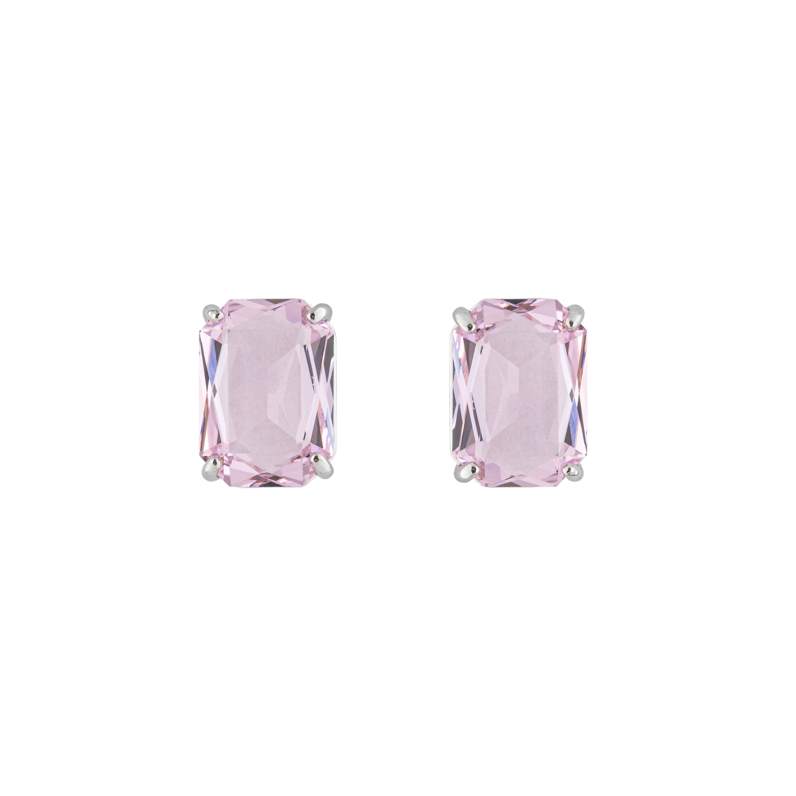Silver stud earrings with a large pink crystal