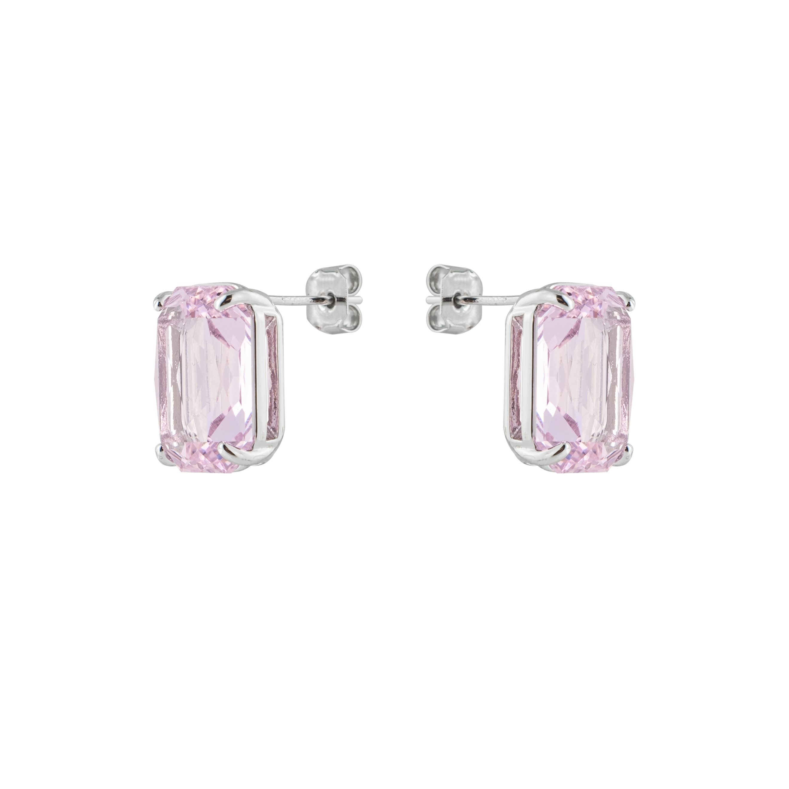 Silver stud earrings with a large pink crystal