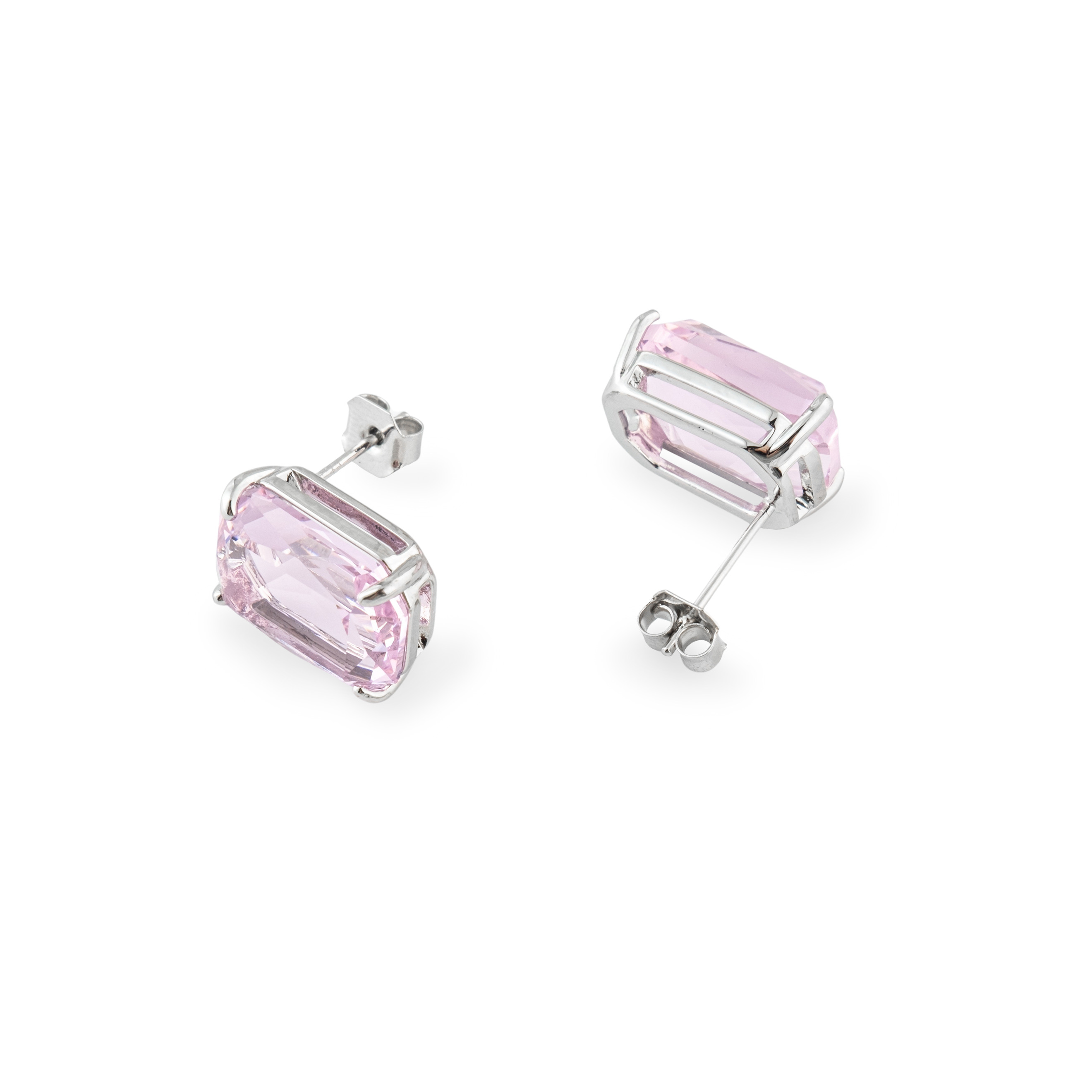 Silver stud earrings with a large pink crystal