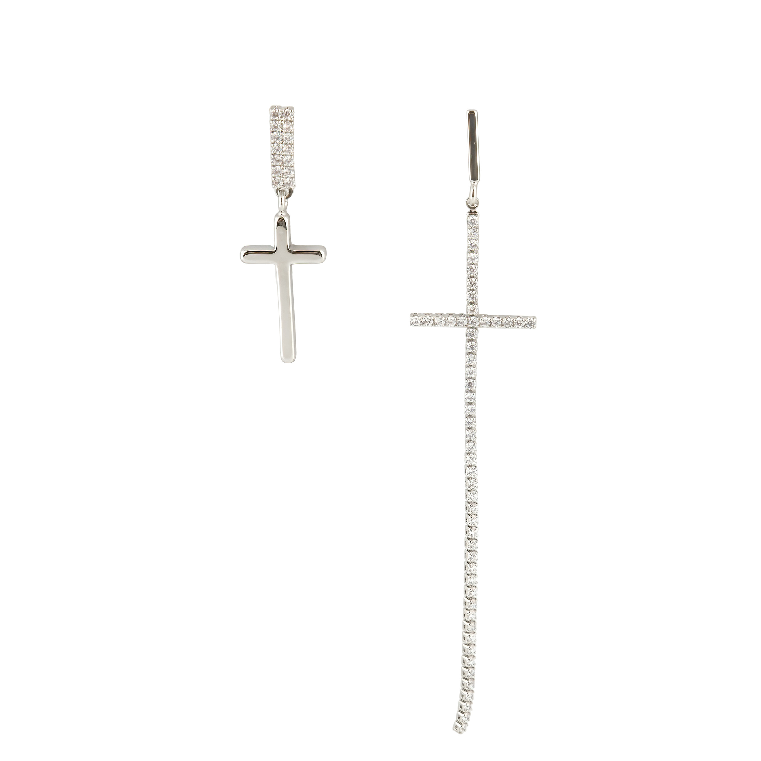 Asymmetric silver cross earrings with crystals