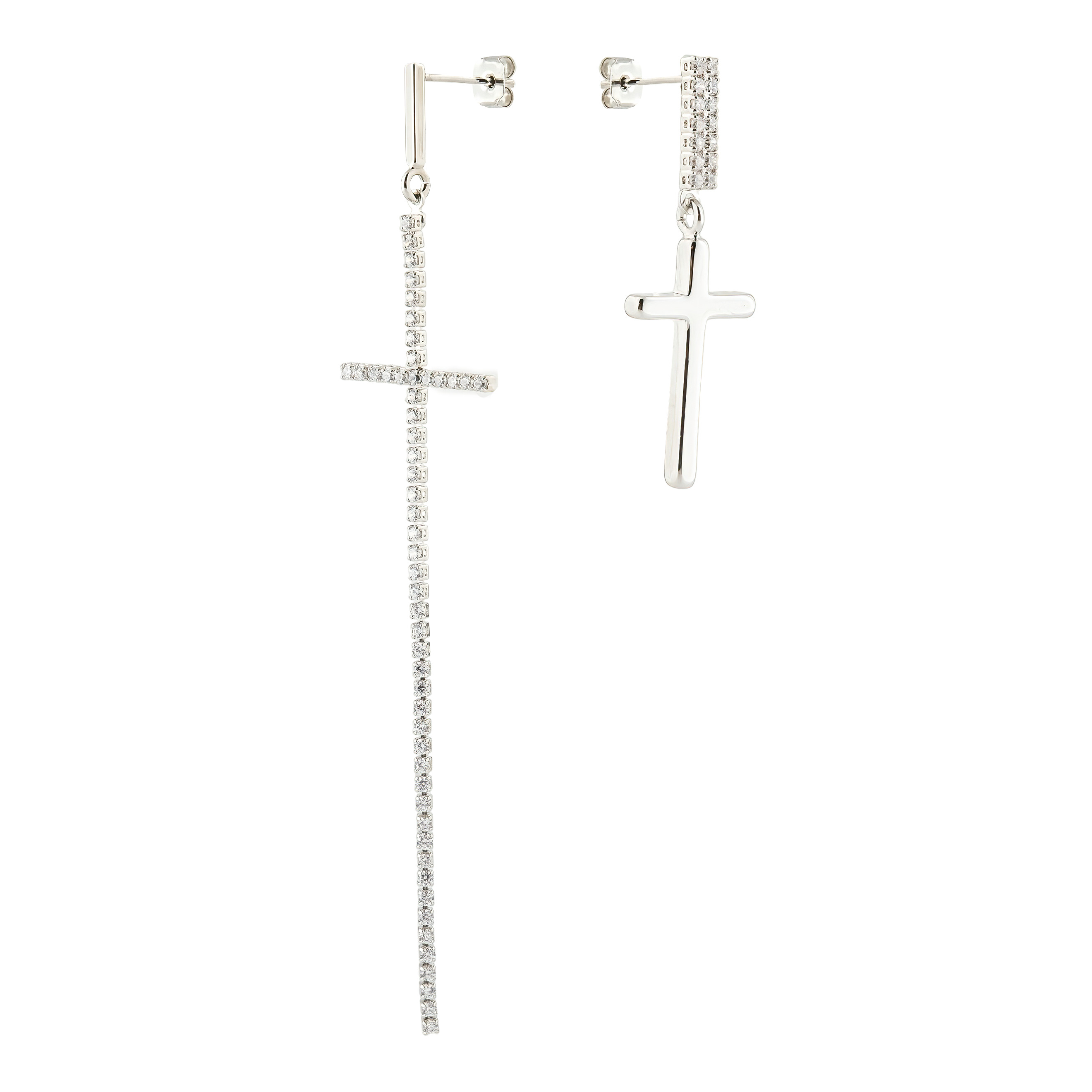 Asymmetric silver cross earrings with crystals