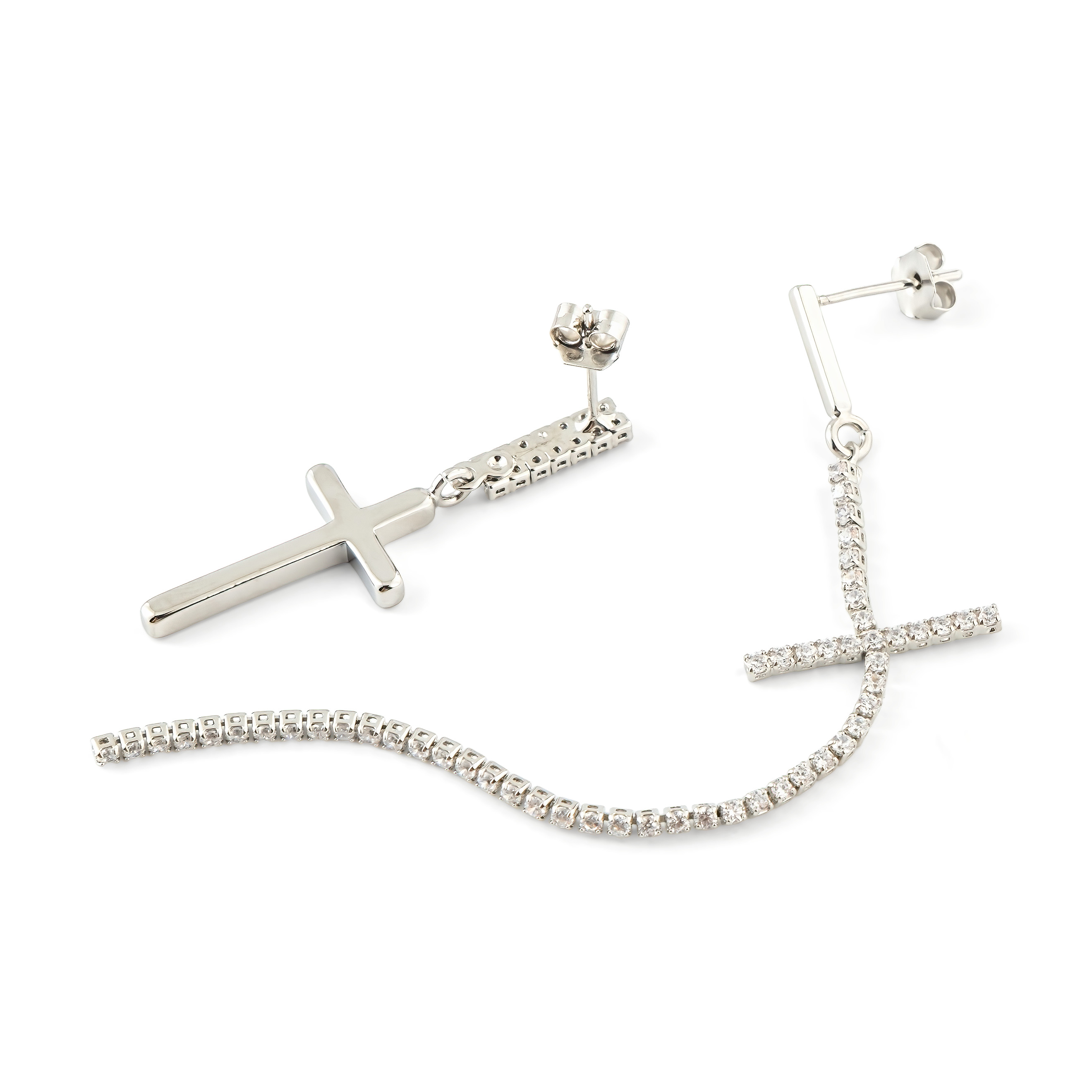 Asymmetric silver cross earrings with crystals
