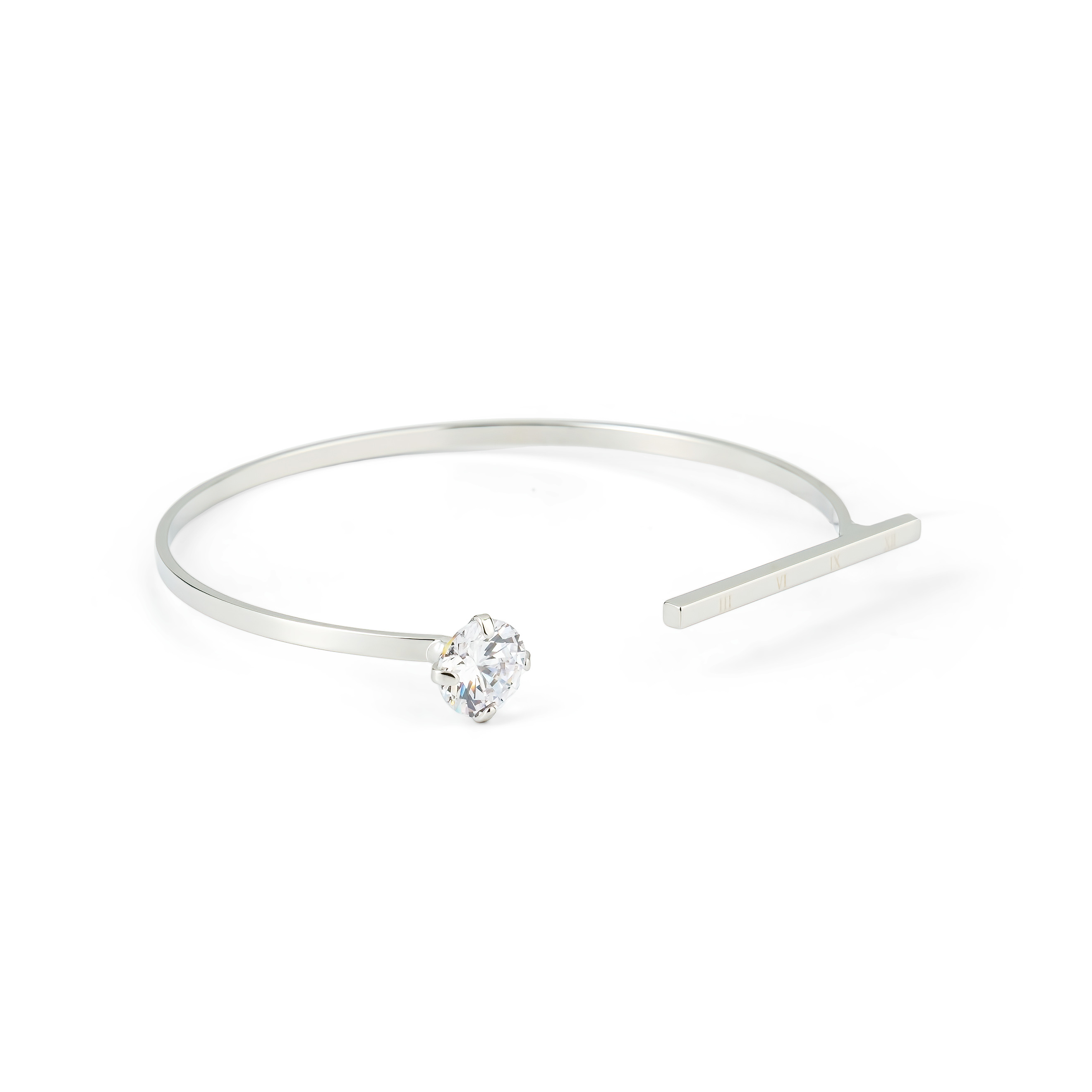 Silver open bracelet with white crystal