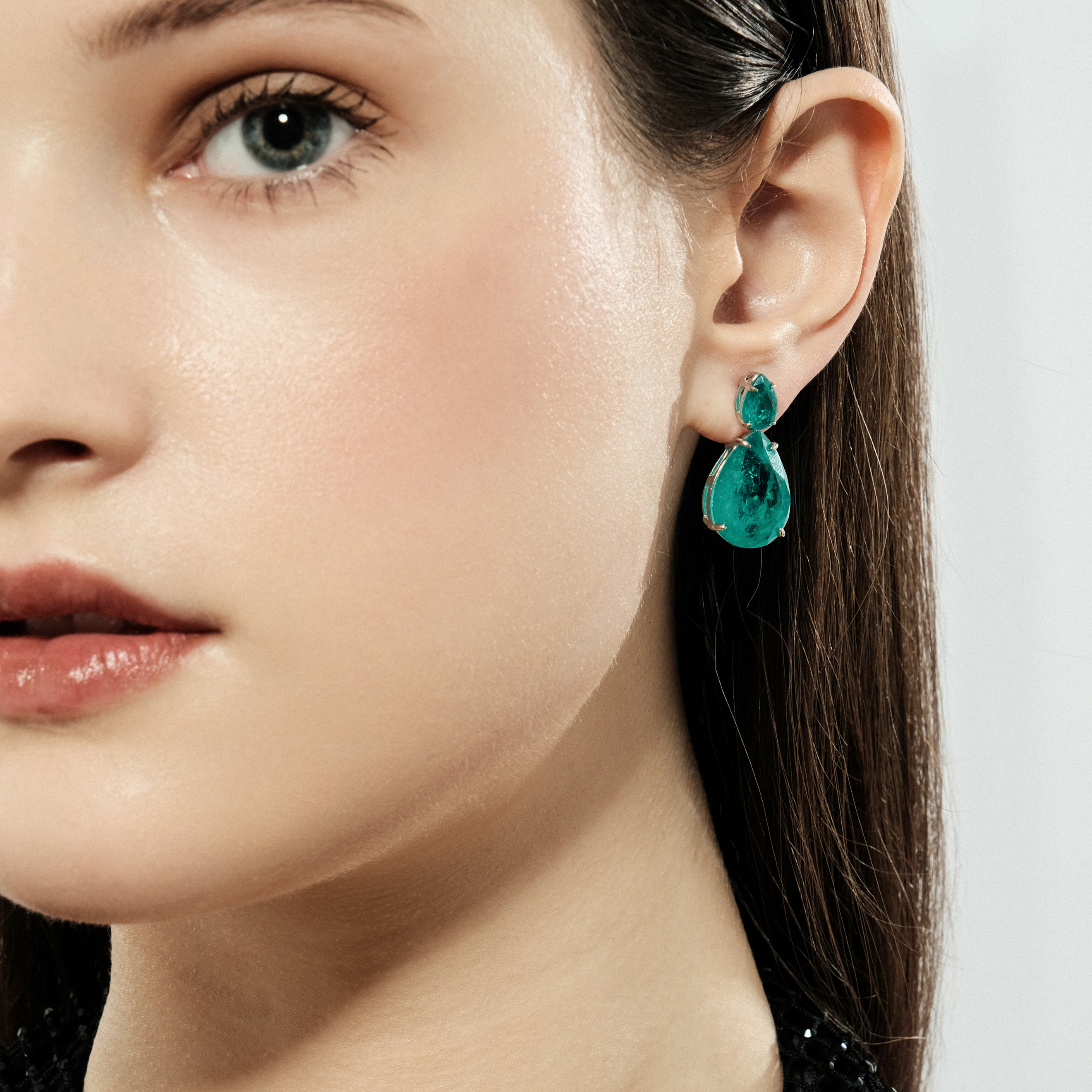 Double Silver Pear Earrings with Turquoise Crystals