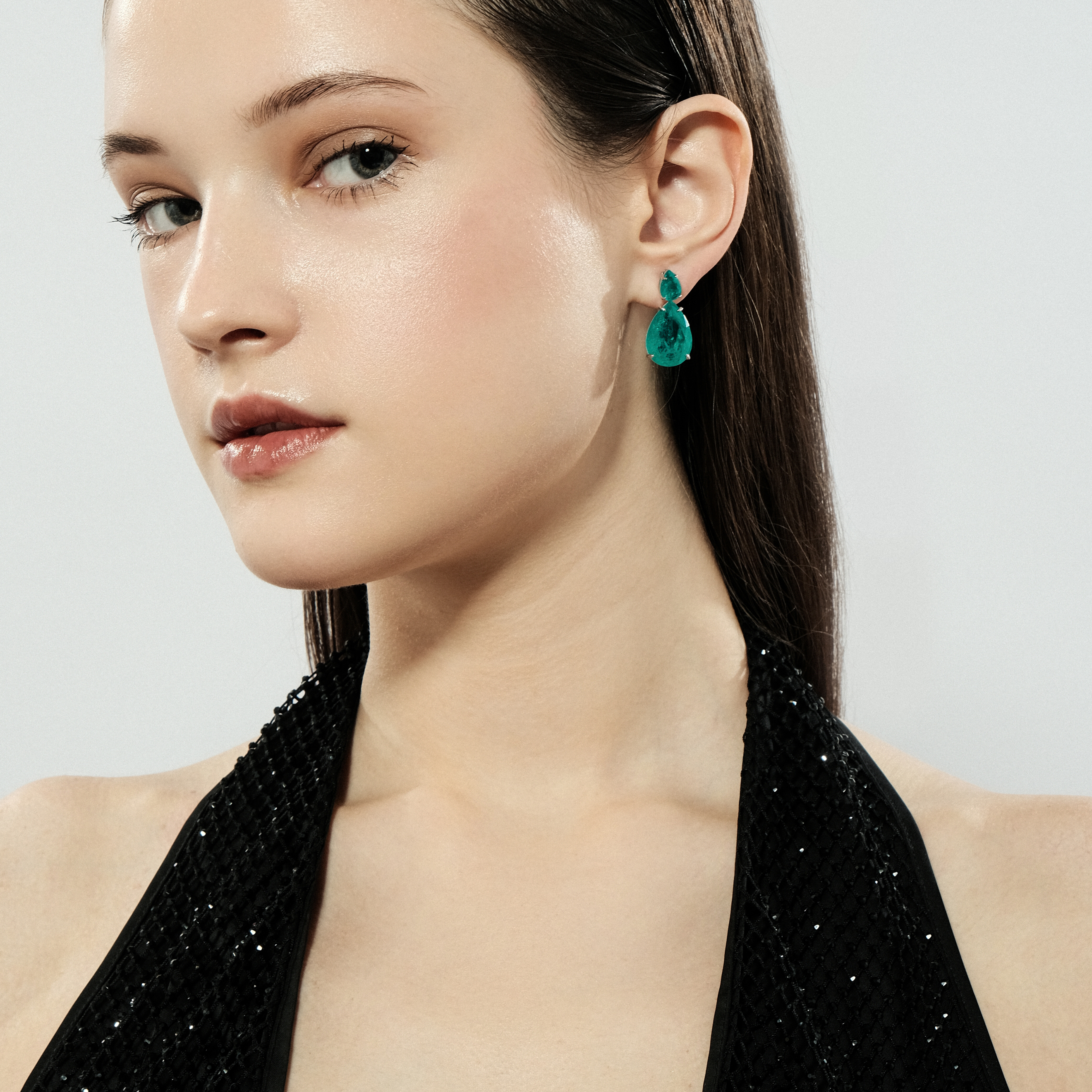 Double Silver Pear Earrings with Turquoise Crystals