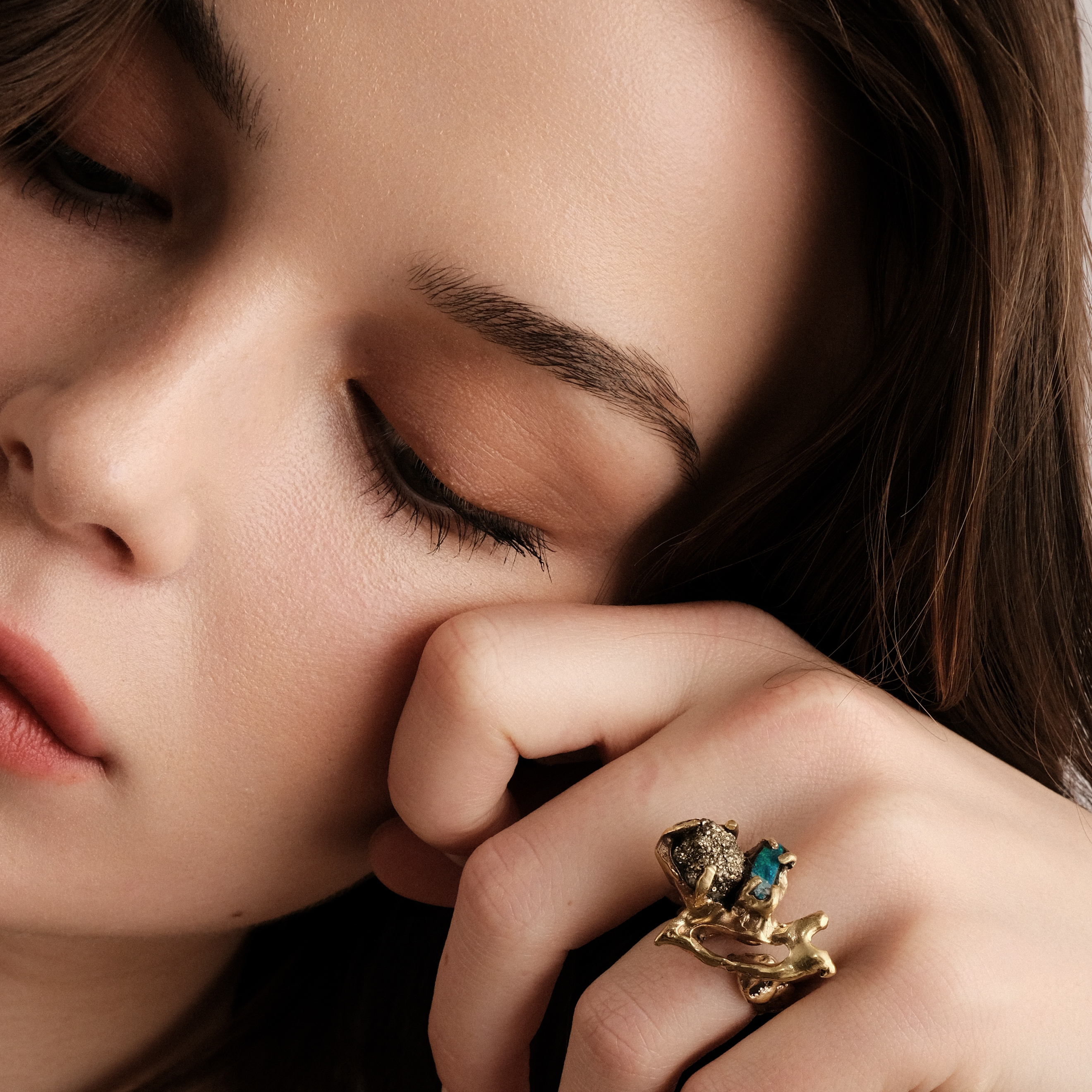 Brass ring with inserts: black Australian opal and pyrite