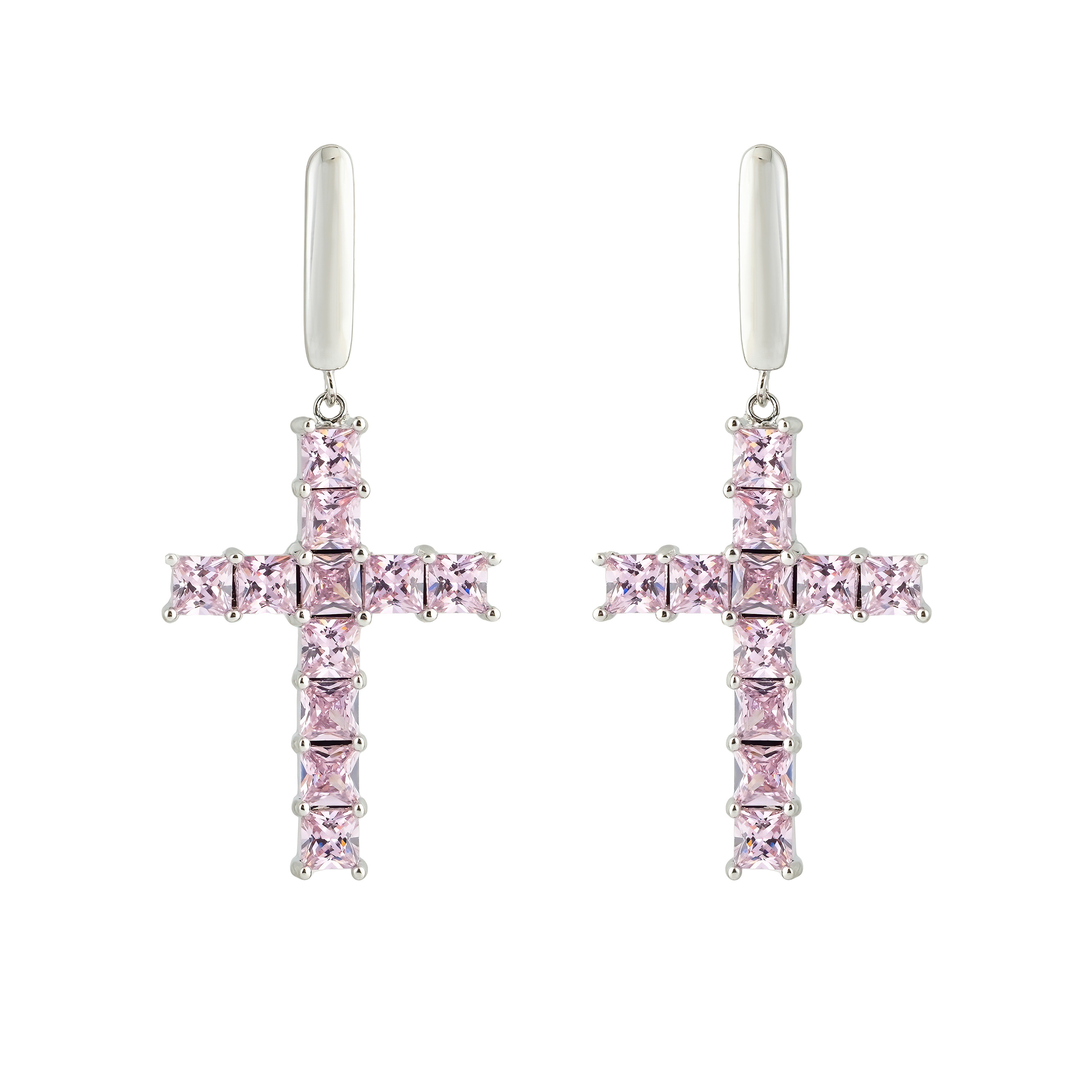 Silver cross earrings with pink crystals