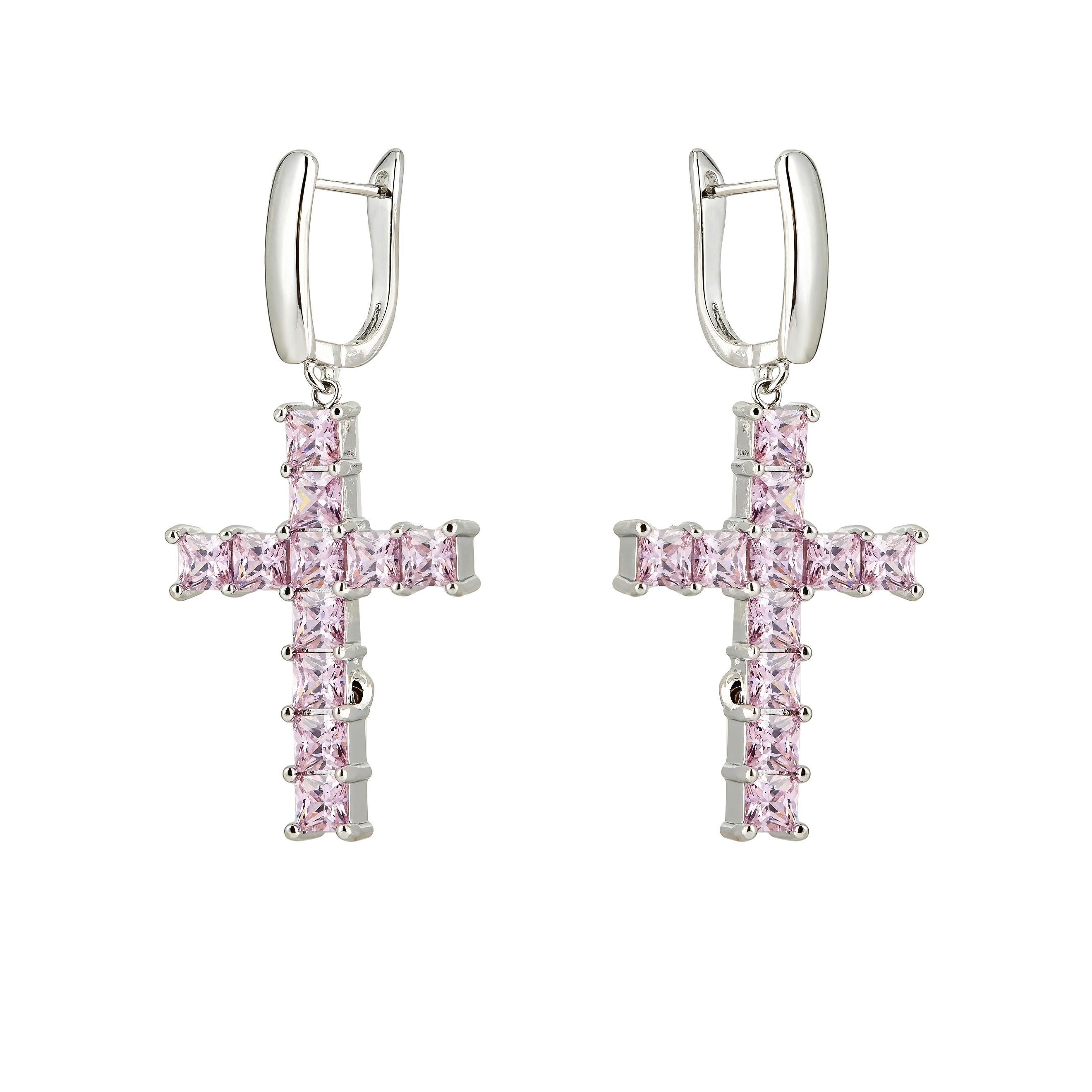 Silver cross earrings with pink crystals