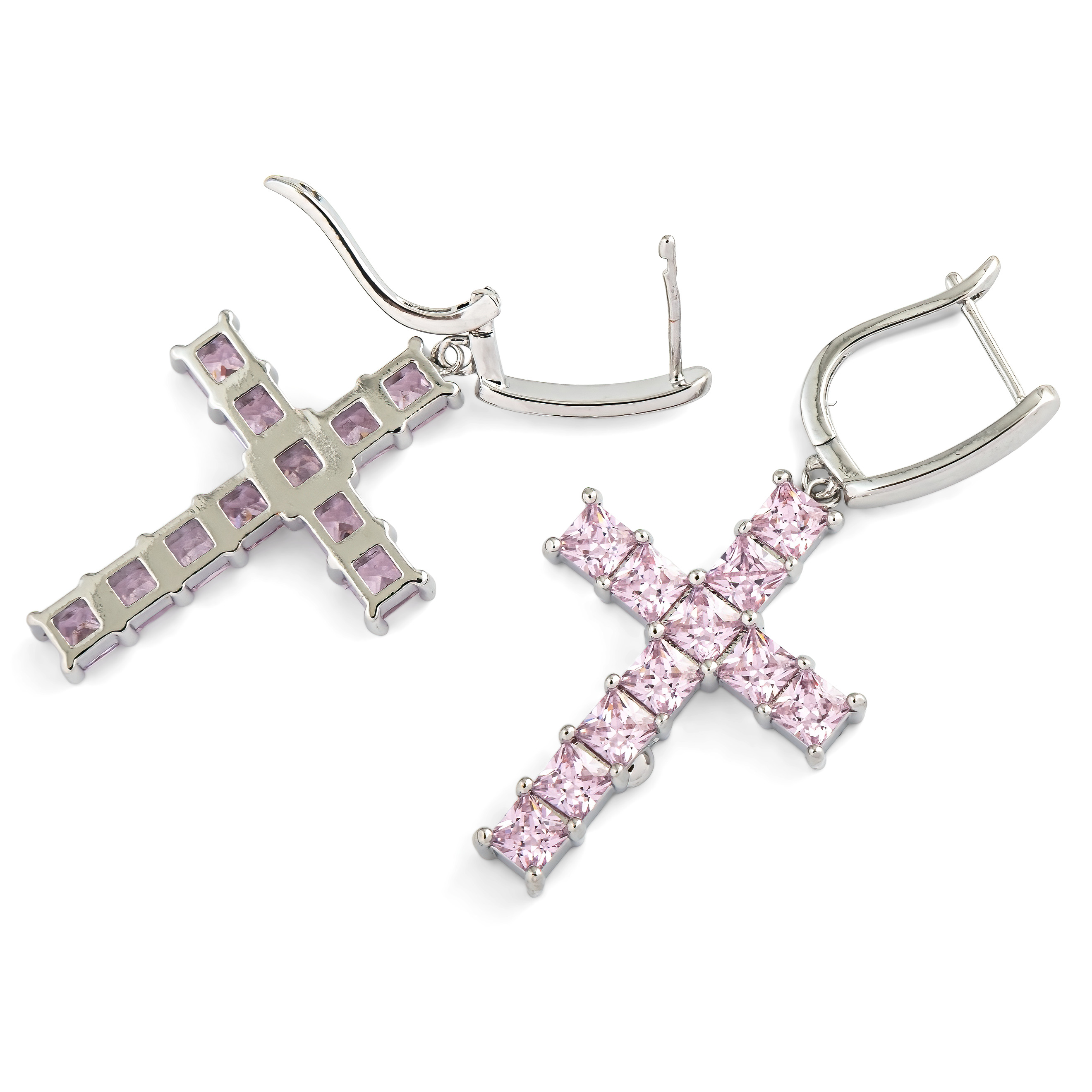 Silver cross earrings with pink crystals
