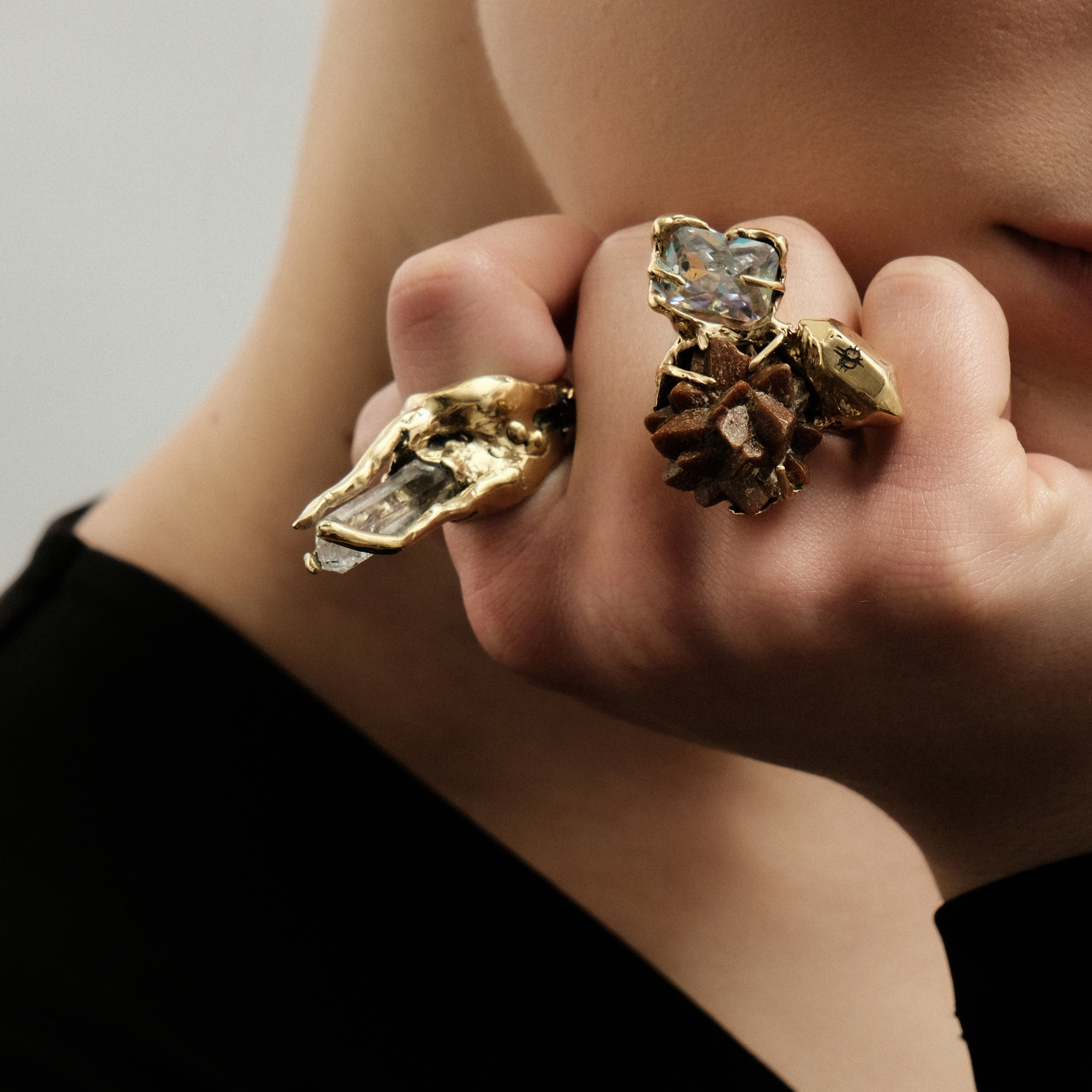 Brass ring with inserts: rhinestone and two cubic zirconia