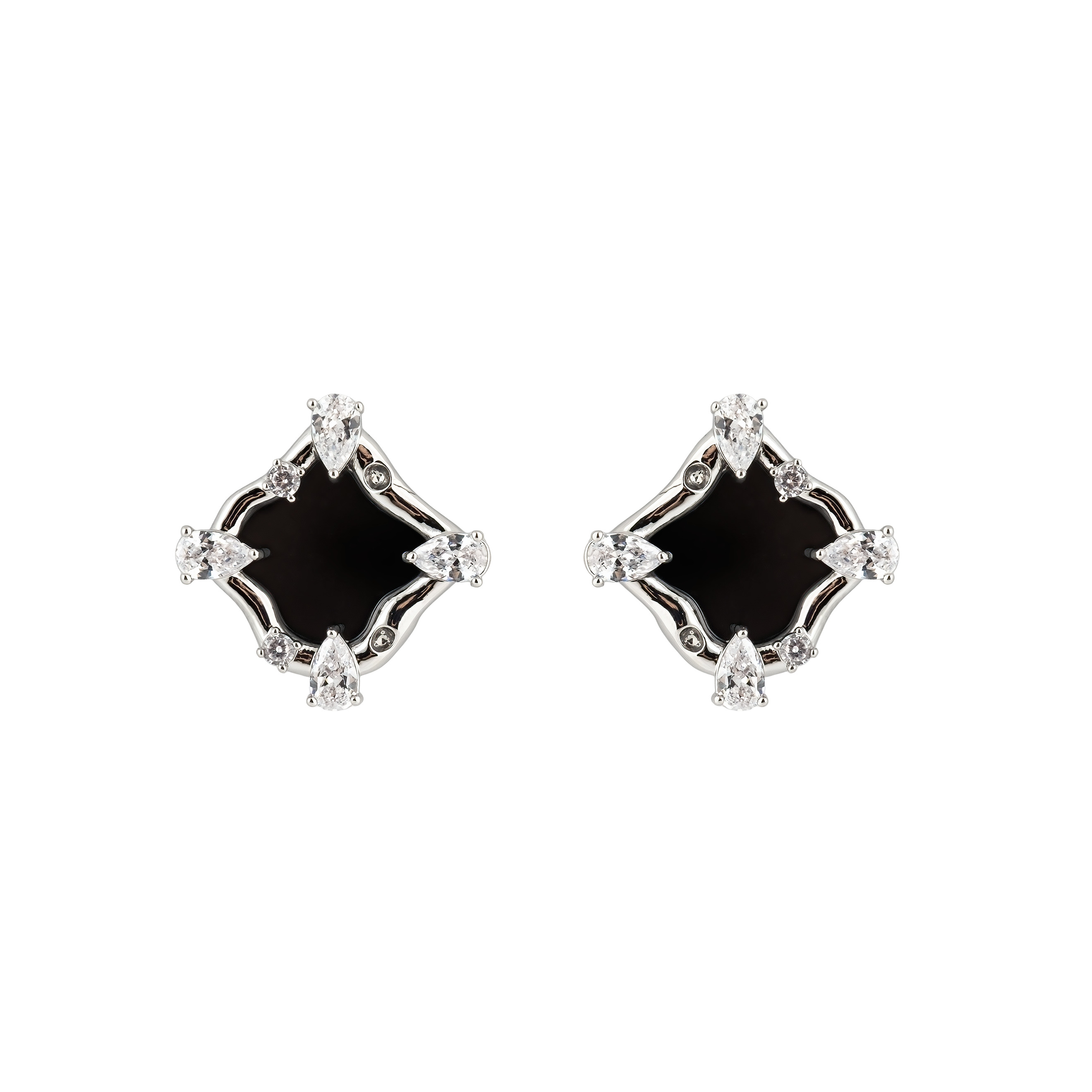 Silver stud earrings with black insert and white crystals