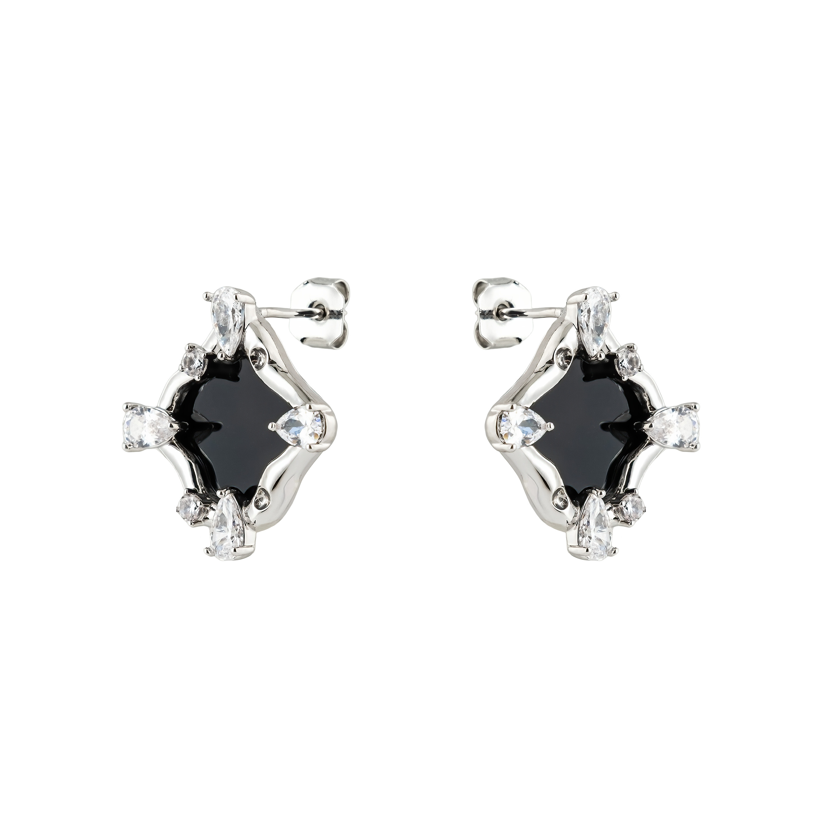 Silver stud earrings with black insert and white crystals