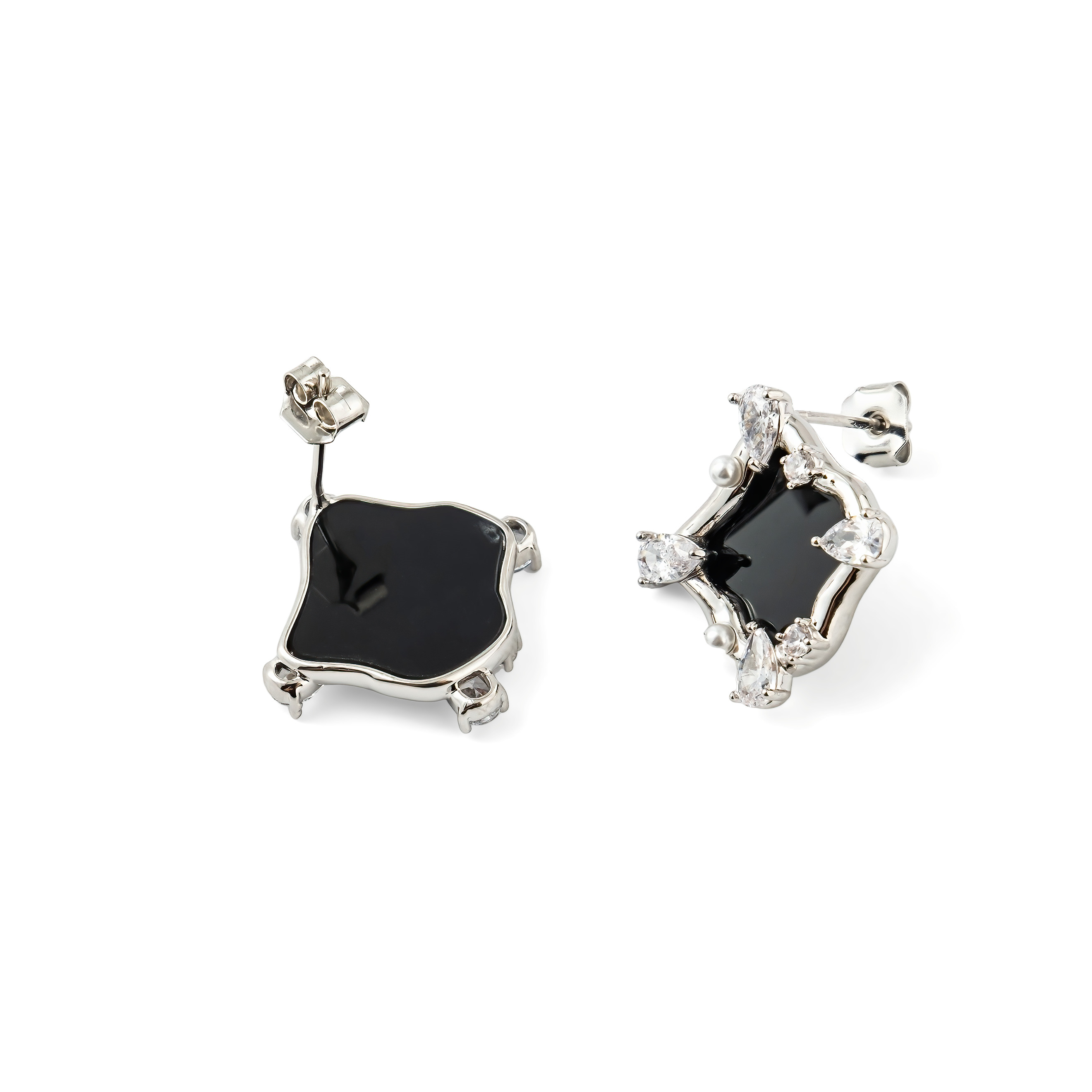 Silver stud earrings with black insert and white crystals