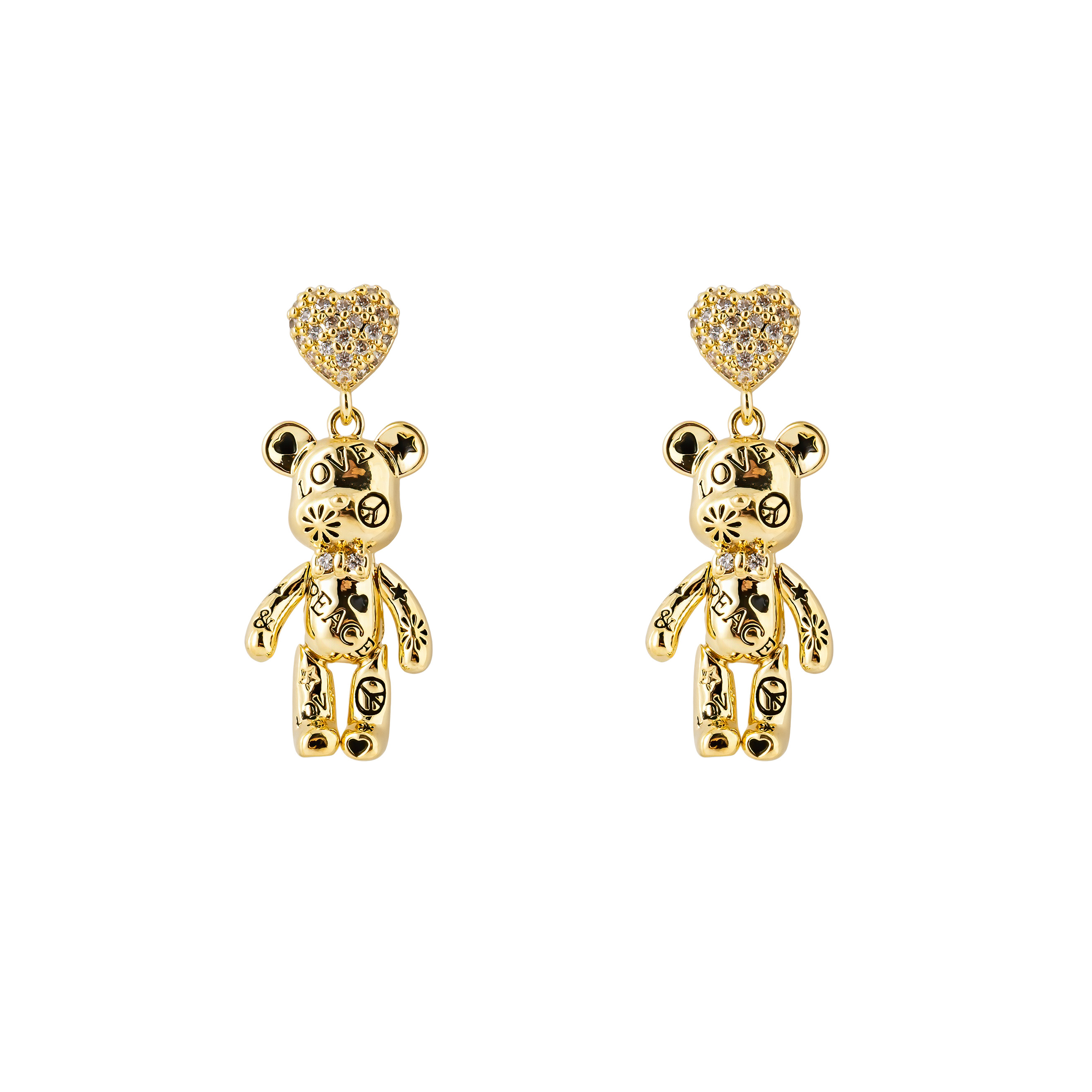 Golden teddy bear earrings with a heart
