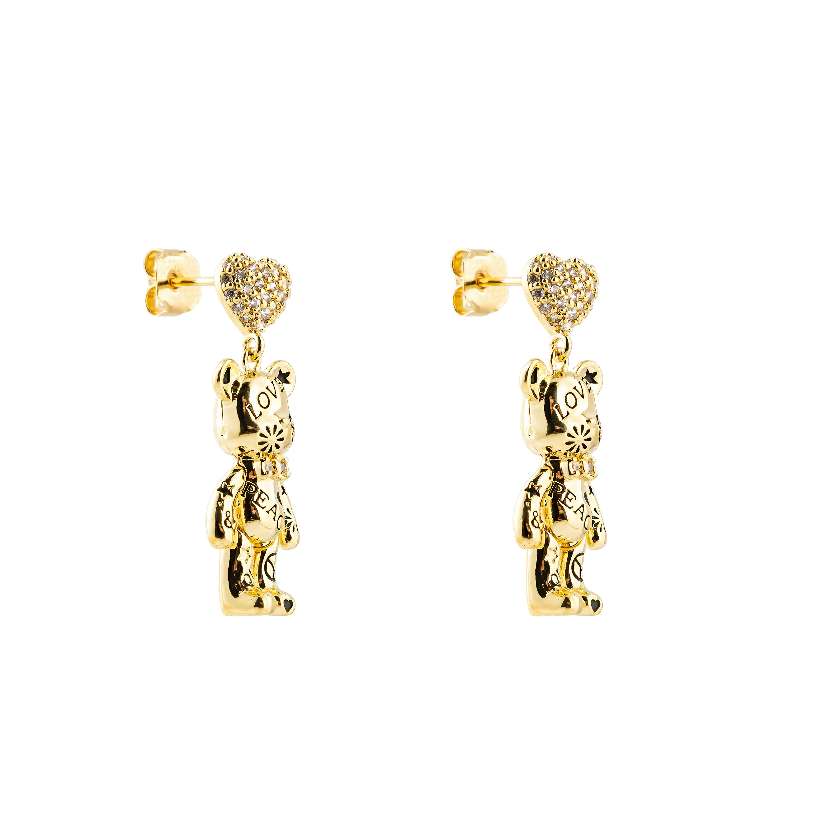 Golden teddy bear earrings with a heart